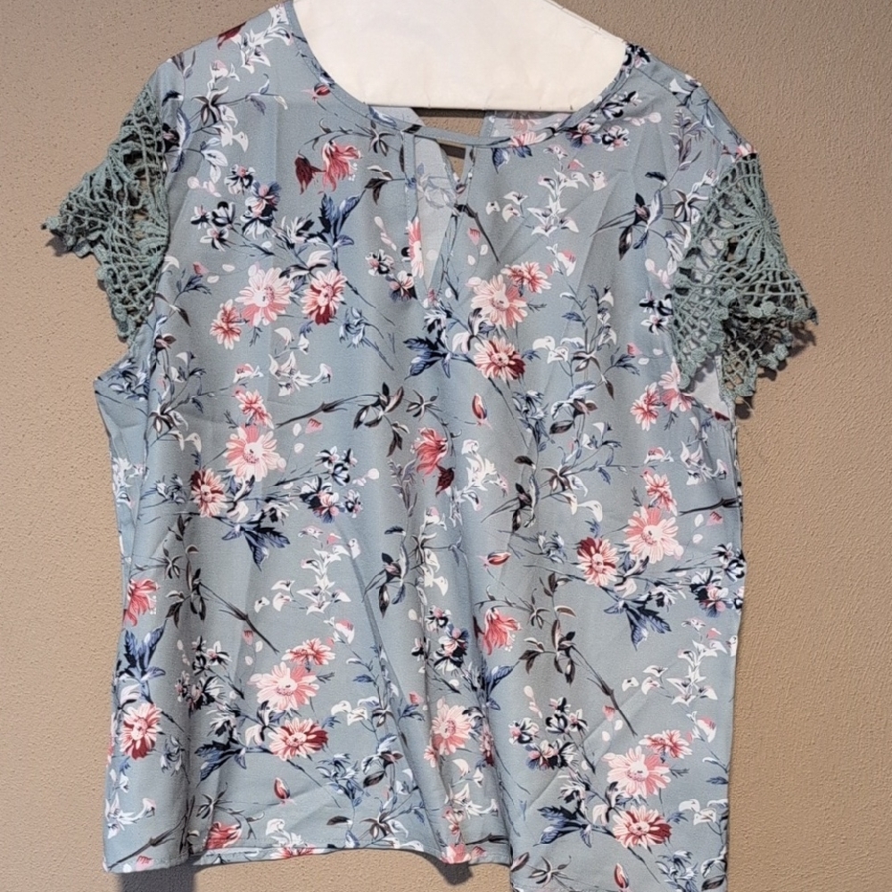 Pink and Blue Ruffled Short Sleeve Blouse